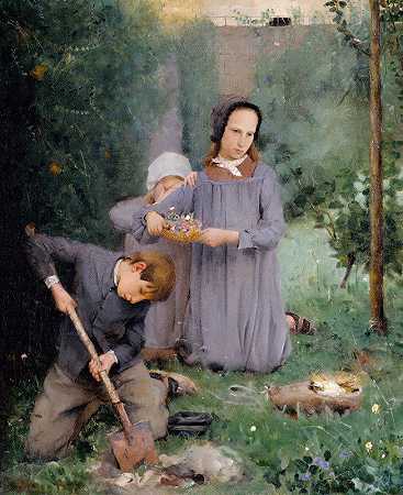 埋鸟的孩子们`Children Burying a Bird (1878) by Julian Alden Weir