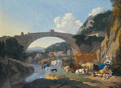 意大利人的风景，牧民和动物在桥下的河边休息`Italianate Landscape With Herders And Animals Resting By A River Under A Bridge by Karel Dujardin