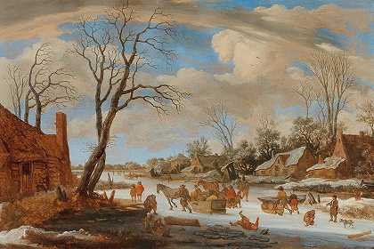 冬季风景，游客和其他人物在冰上`A winter landscape with travellers and other figures on ice by Pieter de Molijn