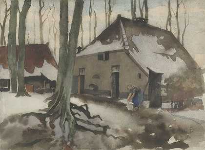 雪林中房子前的女人`Vrouw voor een huis in een besneeuwd bos (, 1870 1923) by Willem Witsen