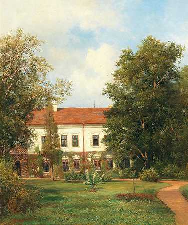 波希米亚城堡景观`View of a Castle in Bohemia by Hugo Charlemont