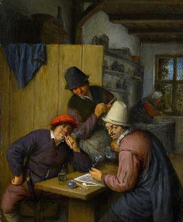 三个在酒馆里喝酒抽烟的农民`Three Drinking and Smoking Farmers in a Tavern (1666~67) by Adriaen van Ostade