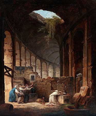古罗马竞技场的隐士`Hermit in the Colosseum (1790) by Hubert Robert
