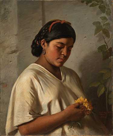 印度妇女与万寿菊`Indian Woman with Marigold (Mujer indígena con cempasúchil) (1876) by Felipe Santiago Gutiérrez