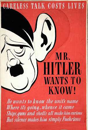 漫不经心的谈话会导致死亡。希特勒先生想知道！`Careless talk costs lives. Mr Hitler wants to know! (1939~1946)