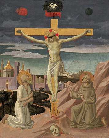 与圣杰罗姆和圣方济各受难`The Crucifixion with Saint Jerome and Saint Francis (c. 1445~1450) by Francesco Pesellino