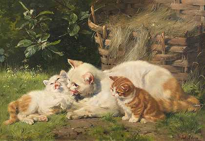 猫妈妈和她的两只幼崽`Katzenmutter mit ihren beiden Jungen (1900) by Julius Adam the younger