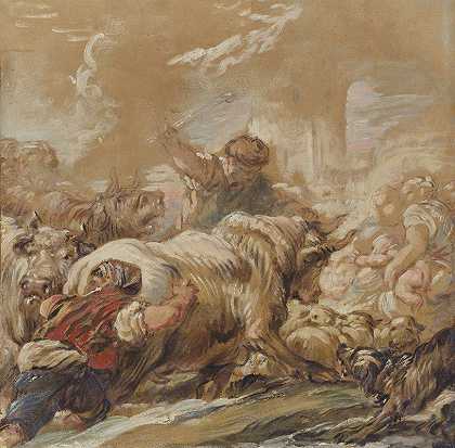 牧民们赶着牛穿过小溪`Herdsmen Driving Cattle Across A Stream (c. 1760) by Jean-Baptiste Deshays