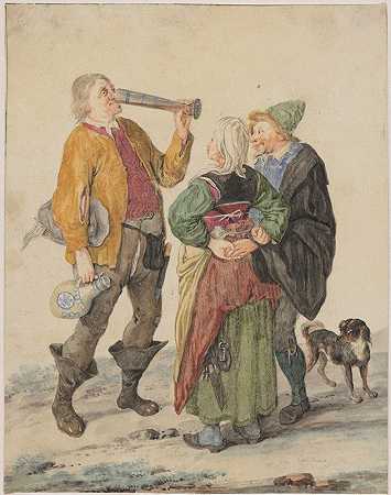 一对农民夫妇和一个酒鬼`Peasant Couple with a Drinker (1689) by Cornelis Dusart