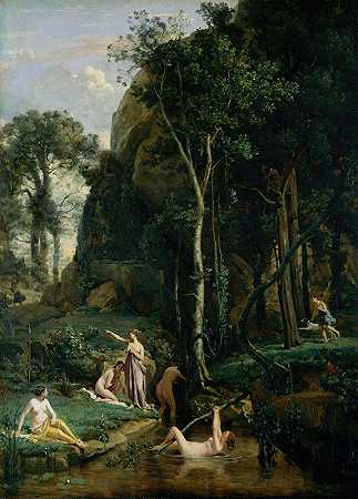 戴安娜和阿克泰恩（戴安娜洗澡时大吃一惊）`Diana and Actaeon (Diana Surprised in Her Bath) (1836) by Jean-Baptiste-Camille Corot