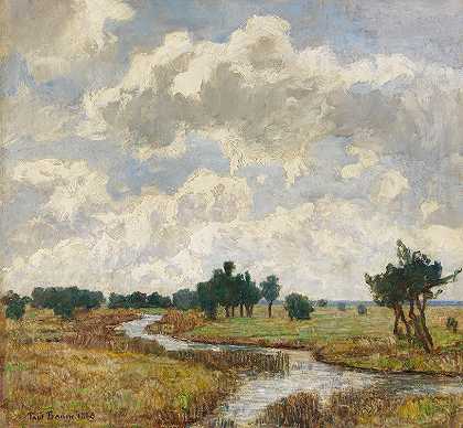 晴朗多云的天空覆盖着沼地草地和小溪`Sonnig wolkiger Himmel über moorigen Wiesen mit Bachlauf (1886) by Paul Baum