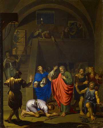 保罗和西拉斯离开腓力比监狱`Paul and Silas leaving the prison in Philippi (1665~66) by Nicolas de Plattemontagne