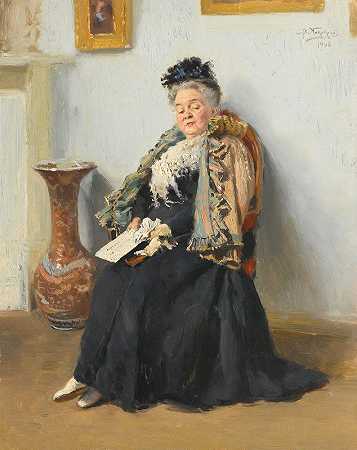 贵妇画像`Portrait Of A Noblewoman (1906) by Vladimir Egorovich Makovsky