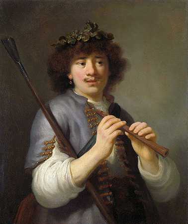 伦勃朗作为一个带着棍棒和长笛的牧羊人`Rembrandt as a Shepherd with a Staff and Flute (1636) by Govert Flinck