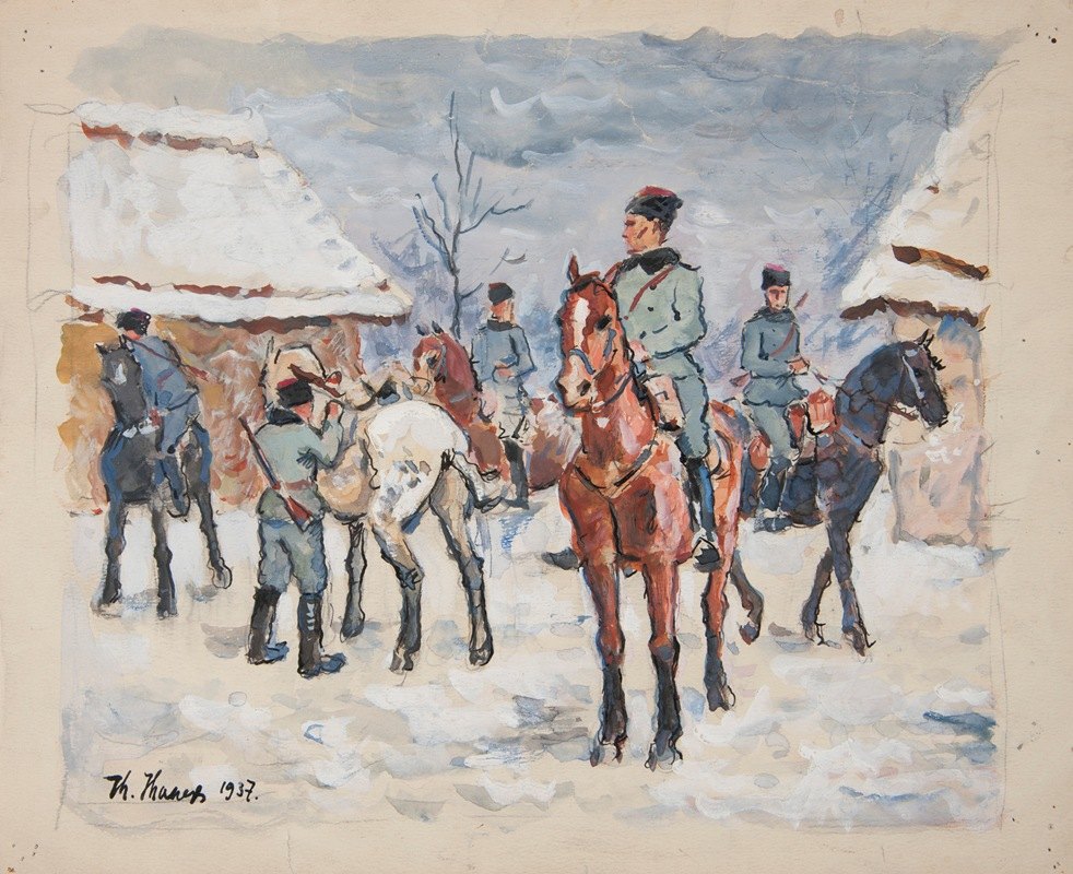 在雪村骑马的士兵`Żołnierze na koniach w zaśnieżonej wiosce (1937) by Ivan Ivanec