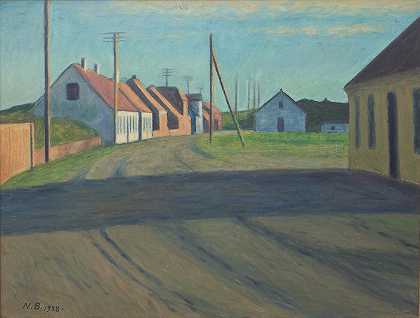小镇上的道路。搁浅`Road in a small town. Strande (1938) by Niels Bjerre