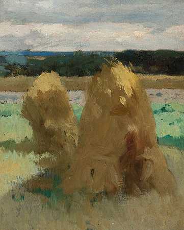 田野里的黑麦滑轮，三联画的研究面包`Rye sheaves in the field, study for the triptych ;Bread (1908) by Zdzisław Jasiński