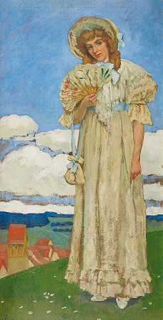 带扇子的小姐`Young Lady With Fan (1903) by Sigismund Righini