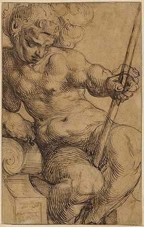 裸体战士（火星）俯身在蜗壳上`Nude Warrior (Mars) Leaning over a Volute (1589–1602) by Toussaint Dubreuil