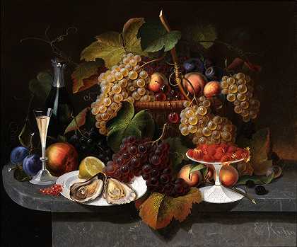 水果、牡蛎和葡萄酒的静物画`Still Life with Fruit, Oysters, and Wine (ca. 1865) by Everhart Kuhn