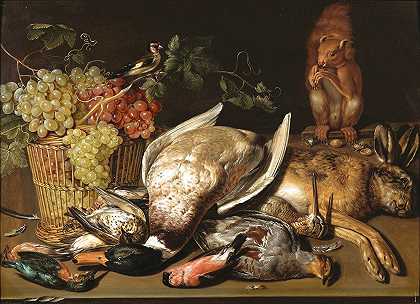 木桌上放着一篮红绿葡萄、一只金翅雀、一只野味和一只松鼠`A basket of red and green grapes, a goldfinch, game and a squirrel on a wooden table by Clara Peeters