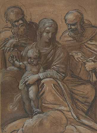 女子和孩子，还有两个男性圣徒`The Virgin and Child with Two Male Saints (1577–1660) by Giacomo Cavedone