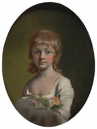 拿着一束花的女孩`Girl with a Bouquet of Flowers (ca. 1772) by Henry Walton