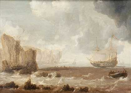 一艘荷兰战舰和帆船在岩石海岸附近波涛汹涌的海上航行`A Dutch Battleship and Sailing Boats in Choppy Seas near a Rocky Coast by Bonaventura Peeters the Elder