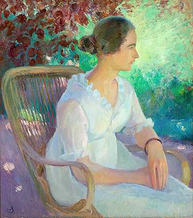 花园外观，坐着的女人穿着浅色连衣裙`Haveexteriør med siddende kvinde i lys kjole by Henrik Schouboe