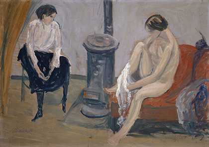 两个女人在火炉旁`Two Women at a Stove (1913) by Ernst Schiess
