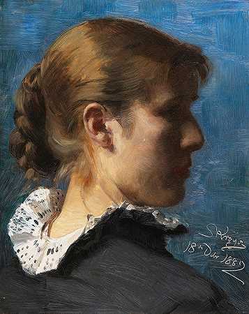 一位年轻女子的侧面画像`Portrait of a young woman in profile (1882) by Peder Severin Krøyer