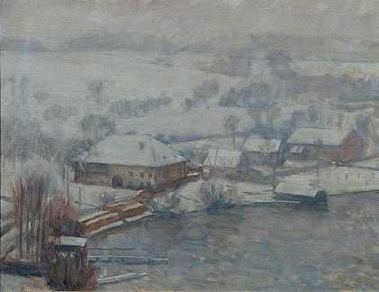 阿特西湖的冬季景观`Winterlandschaft Am Attersee (1937) by Walther Gamerith