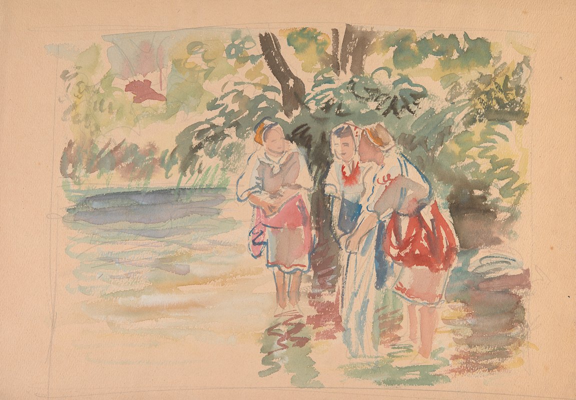 三个女人在河里涉水`trzy kobiety brodzące w rzece (1929~1939) by Ivan Ivanec