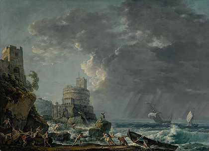 岩石海岸外的风暴，前景是一艘沉船，上方岩石海岸线上有一座堡垒`A storm off a rocky coast, with a shipwreck in the foreground and a fort on the rocky shoreline above (1757) by Carlo Bonavia
