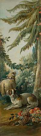 风景中的狗和羊`Chien et mouton dans un paysage (1765 ~ 1770) by Jean-Baptiste Huet