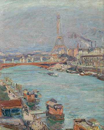 巴黎塞纳河，埃菲尔铁塔，白天`La Seine À Paris, La Tour Eiffel, Le Jour (circa 1905~06) by Emile Othon Friesz