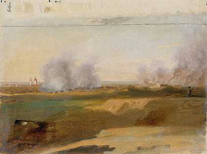 以燃烧村庄为背景的景观研究`Landschaftsstudie mit brennenden Dörfern im Hintergrund (1830~1840) by Johann Peter Krafft