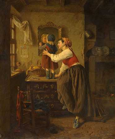 镜子前的女人和孩子`Woman And Child Before A Mirror (1870s) by Paul Seignac