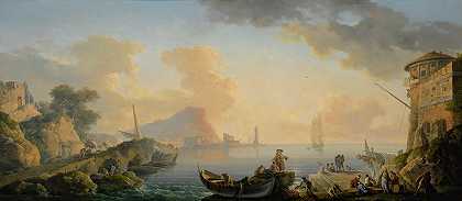 黎明时分的港口景色，前景是港口沿线的渔民`View Of A Harbor At Dawn, With Fishermen Along The Port In The Foreground (1754) by Carlo Bonavia