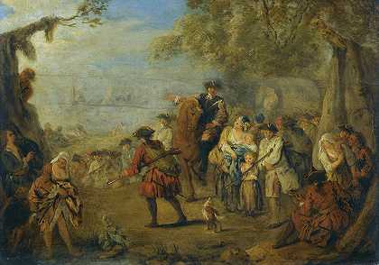 军队营地中的人物，由一名骑手指挥军队`Figures In A Military Encampment With A Horseman Directing Troops by Jean-Baptiste Pater