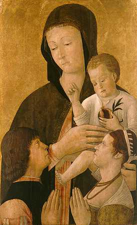 麦当娜带着孩子和两名捐赠者`Madonna with child and two donors (circa 1460) by Gentile Bellini