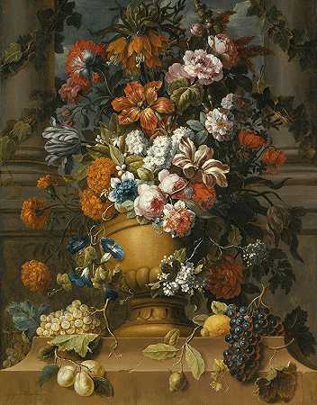 花儿放在瓮里，果实放在底座上`Flowers In An Urn With Fruit On A Pedestal by Gaspar Peeter Verbruggen the Younger
