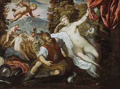 维纳斯和火星与丘比特和三个优雅的风景`Venus and Mars with Cupid and the Three Graces in a Landscape (1590~95) by Domenico Tintoretto