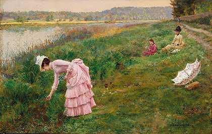 采摘野花`Picking Wildflowers by Marie-François Firmin-Girard