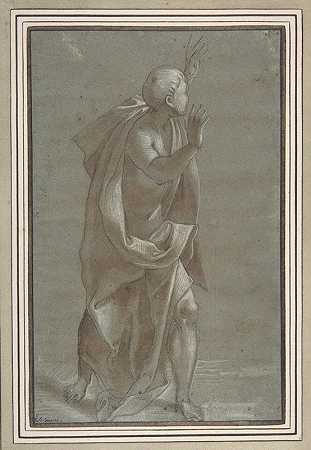 站着的男性垂着身躯，举起双手`Standing Male Draped Figure With His Hands Raised (1565–71) by Giovanni Paolo Lomazzo