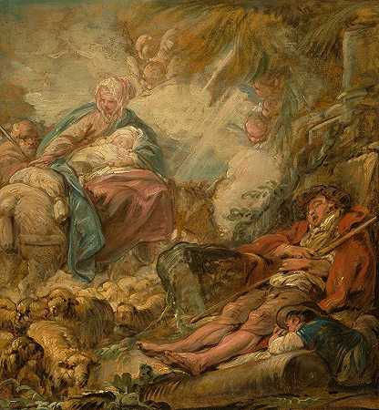 牧羊人梦想着飞向埃及`Shepherds Dreaming of the Flight into Egypt (18th century) by Jean-Baptiste Deshays
