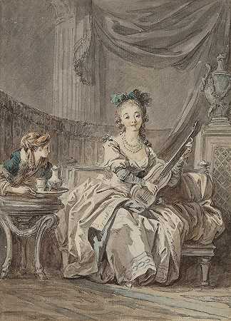 在室内弹吉他的女人（孤独的乐趣）`Femme jouant de la guitare dans un intérieur (Les plaisirs de la solitude) by Jean-Baptiste Le Prince