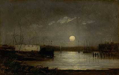 无标题（港口上方的月亮、满月码头和船桅）`Untitled (moon over a harbor, wharf scene with full moon and masts of boats) (ca. 1868) by Edward Mitchell Bannister
