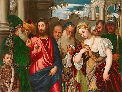 基督和被通奸的女人`Christ and the Woman Taken in Adultery (c. 1540) by Workshop of Paolo Veronese