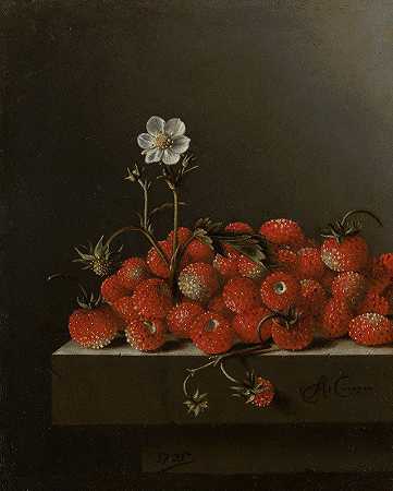 野生草莓的静物画`Still Life with Wild Strawberries (1705) by Adriaen Coorte